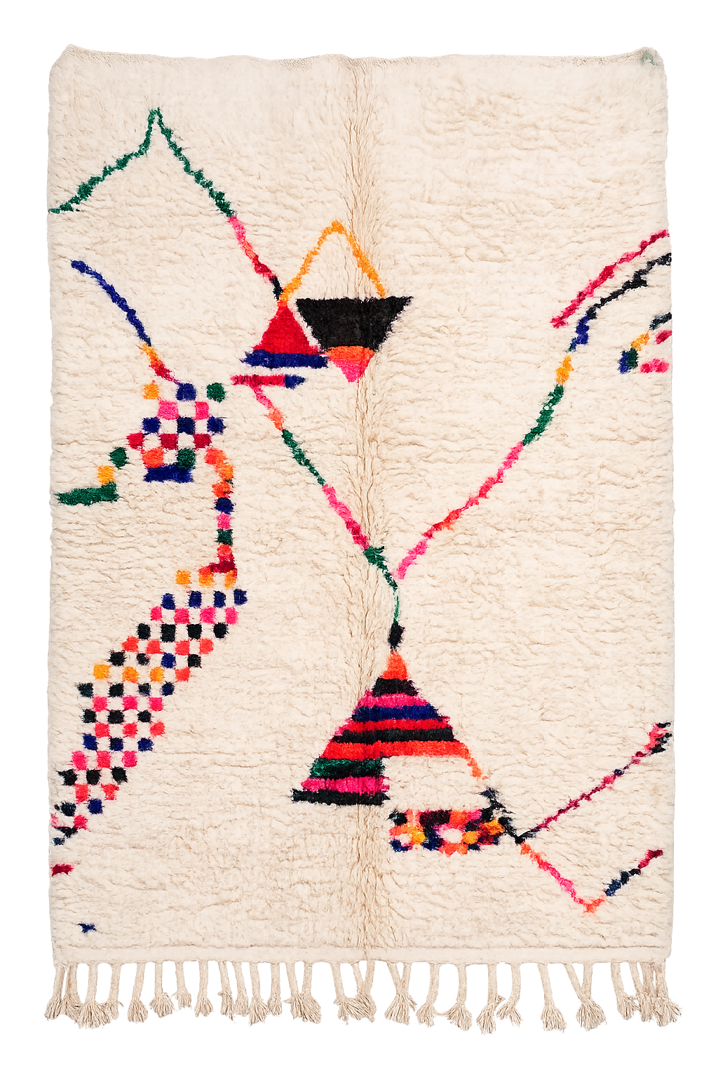 Alwan, a red, blue and yellow abstract Azilal Moroccan rug, 241 x 148 cm
