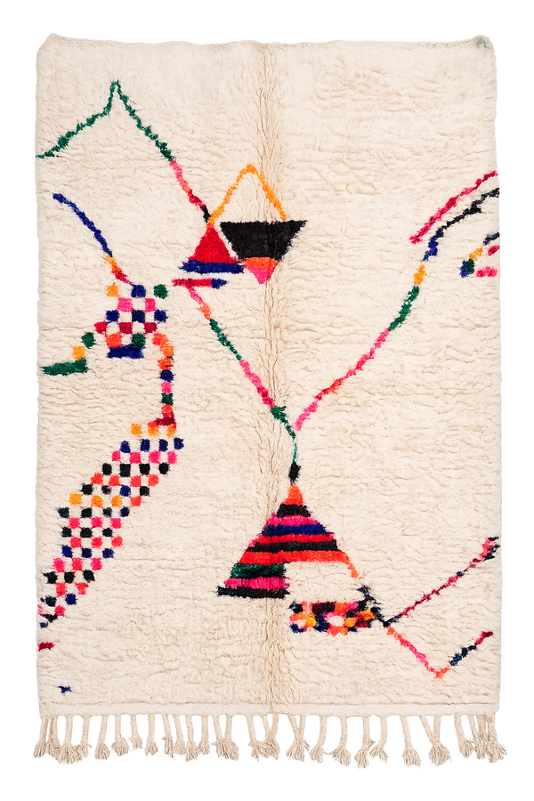 Alwan, a red, blue and yellow abstract Azilal Moroccan rug, 241 x 148 cm