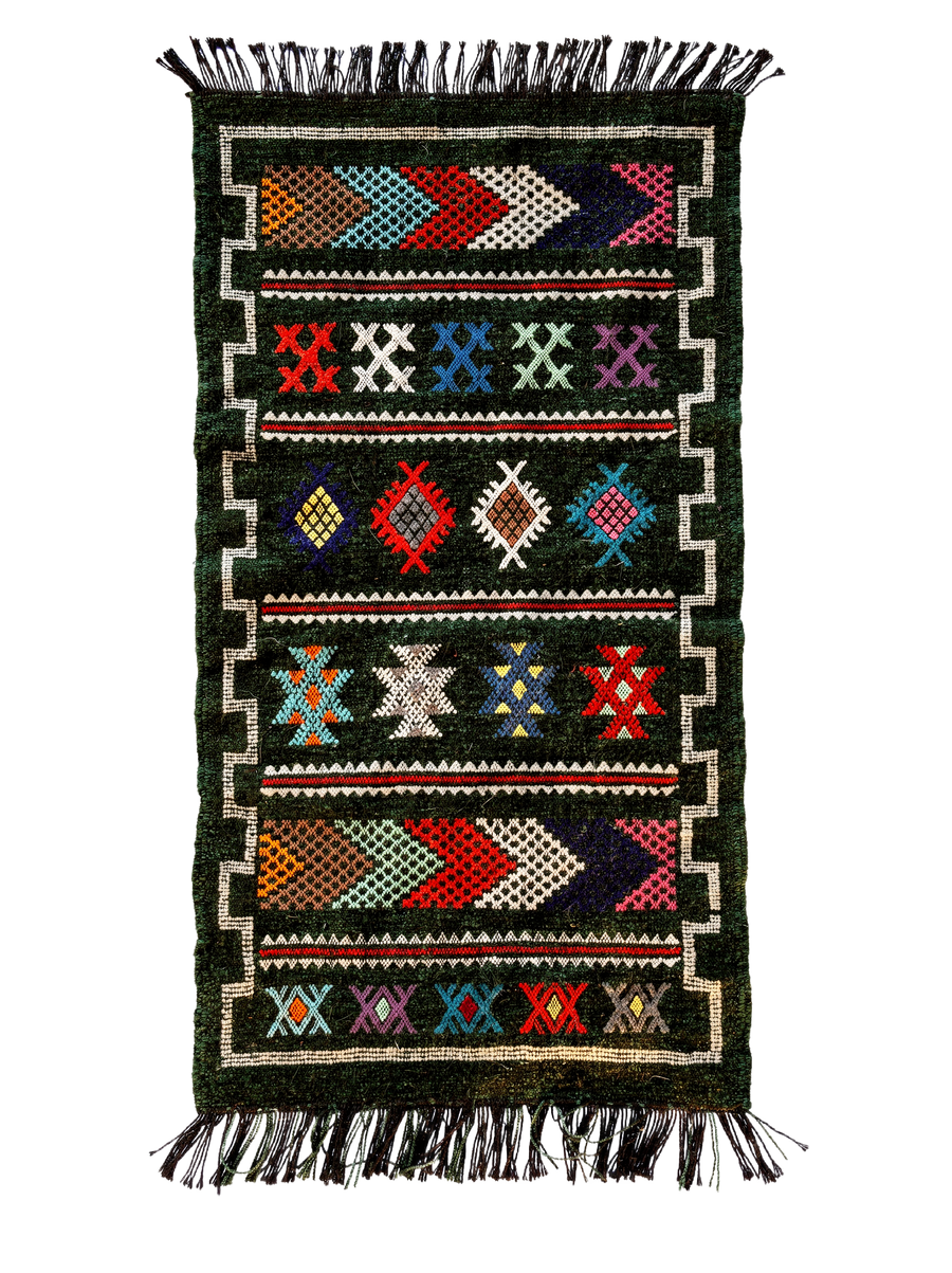 Ghaba, a dark green Oued Zem Moroccan kilim, 106 x 54 cm