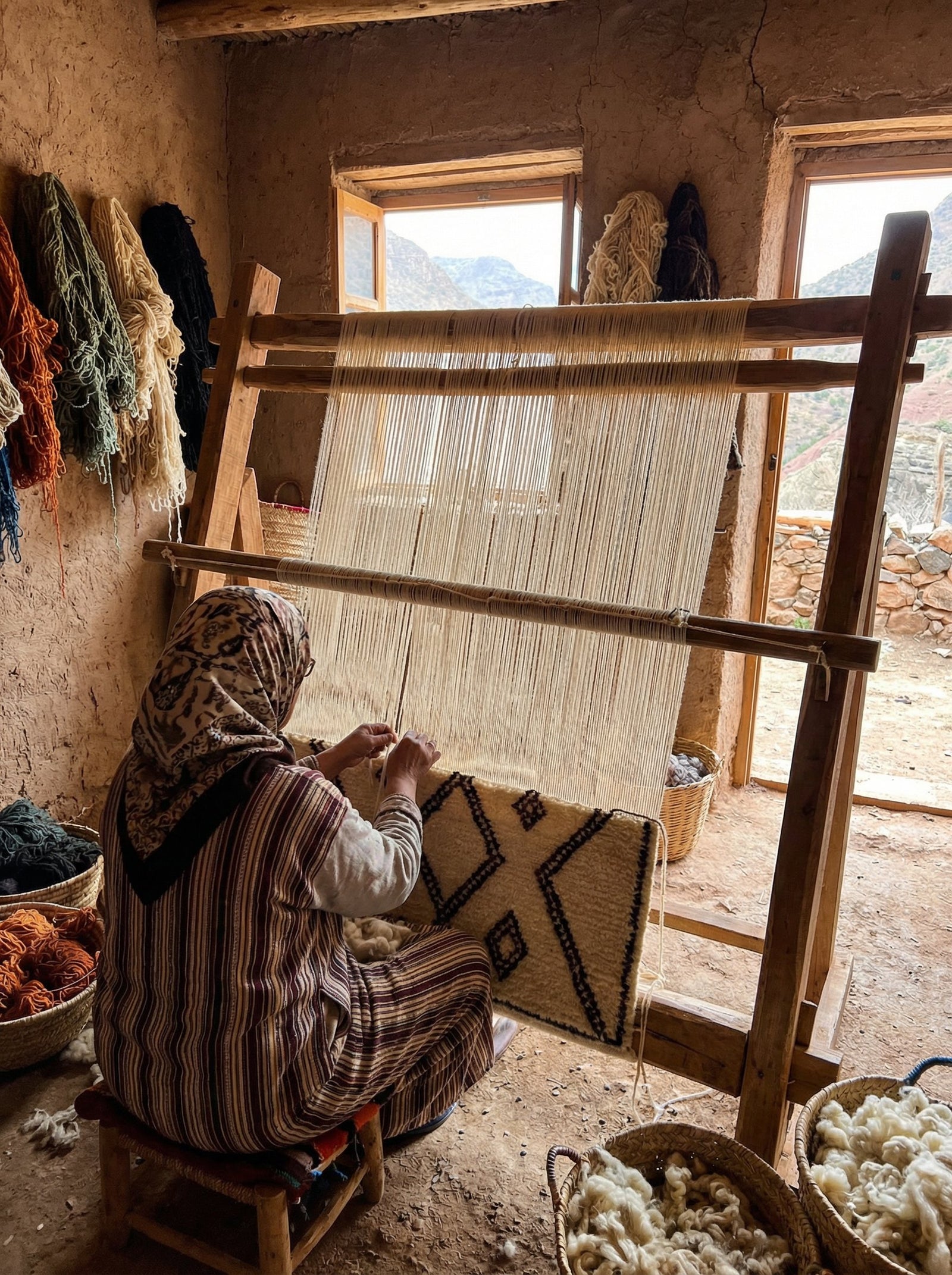 Woman weaving on a loom indoors, Atlas Mountains