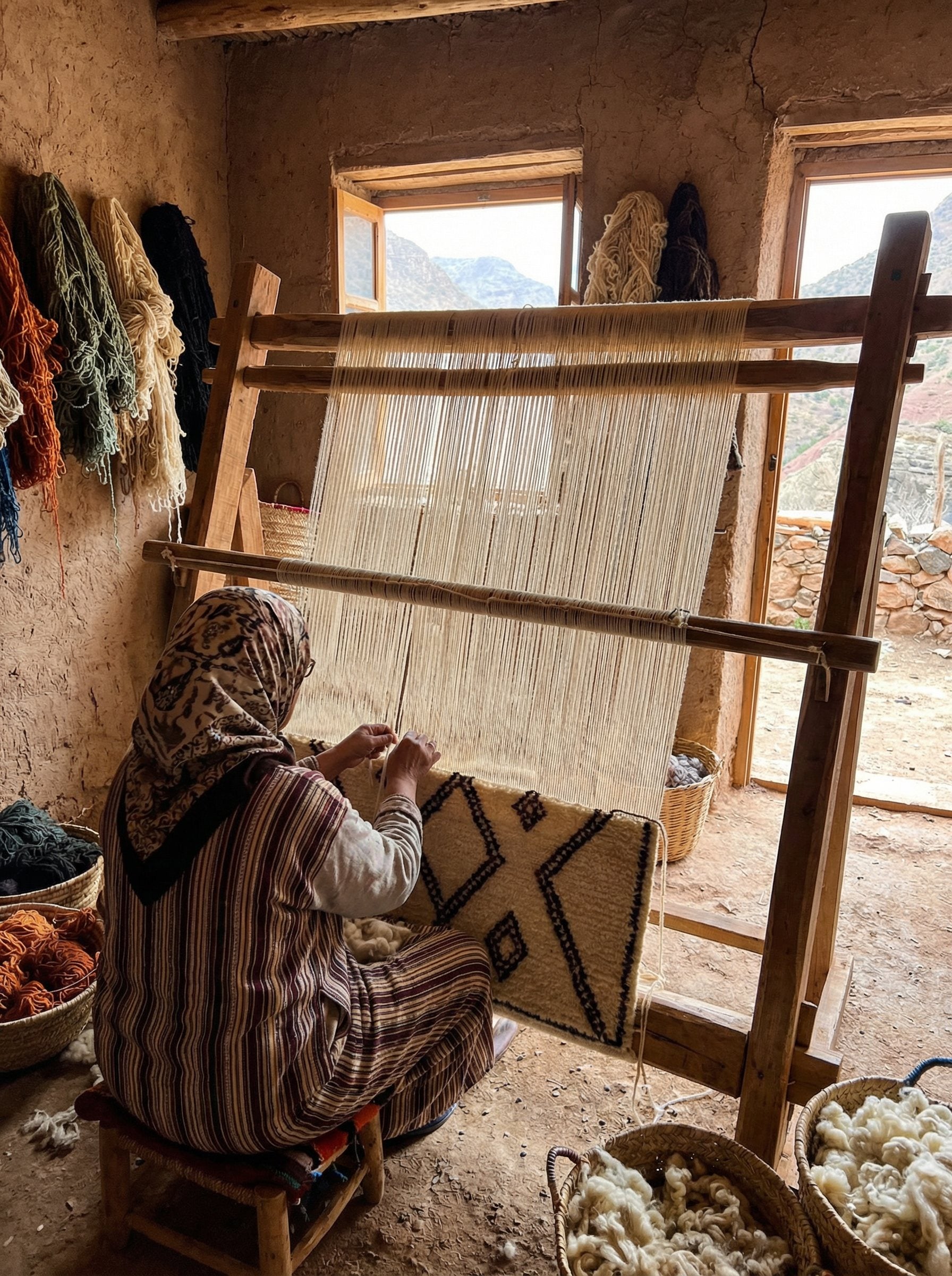 Woman weaving on a loom indoors, Atlas Mountains