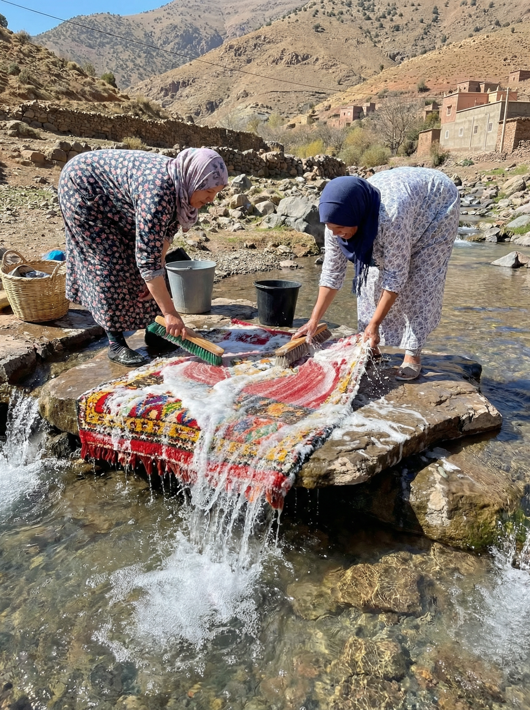 Two women rinsing a rug in an Atlas mountain river