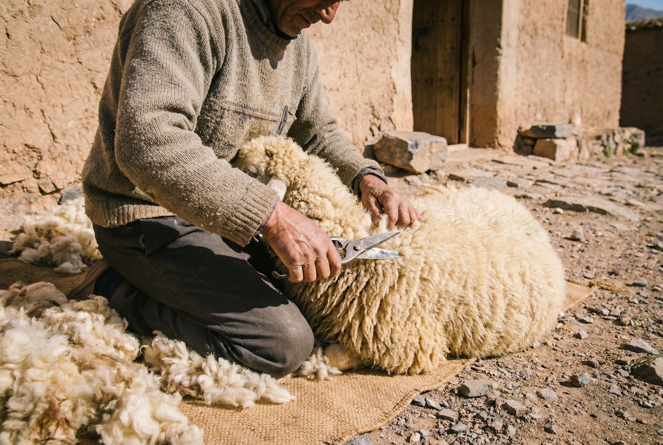 Man shearing sheep in the Atlas Mountains