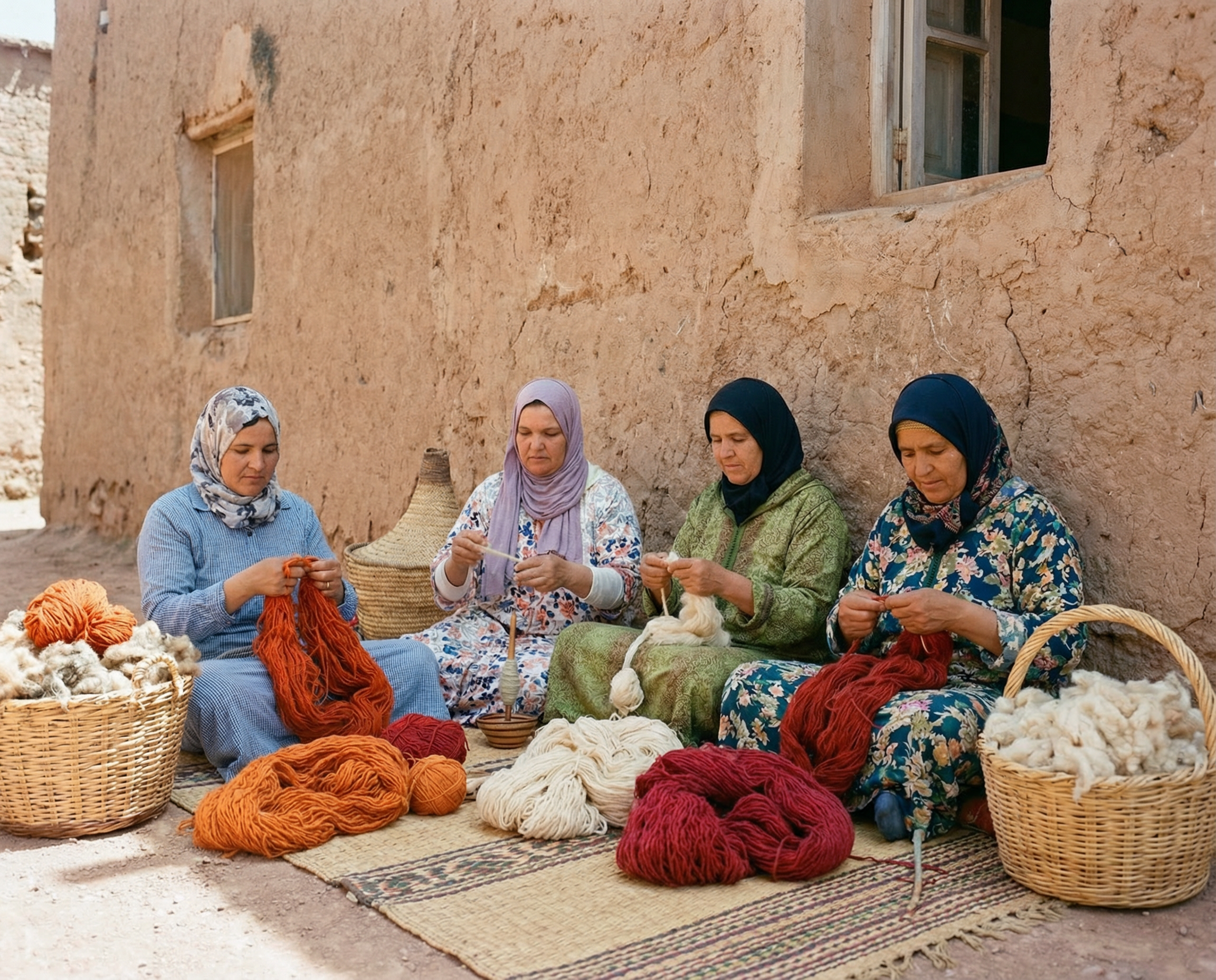 Four women carding wool, Atlas Mountains