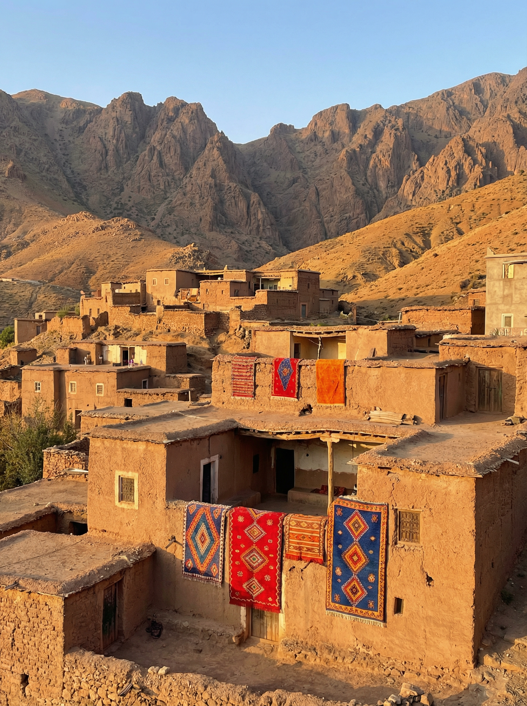 Atlas Mountain village with rugs draped on buildings