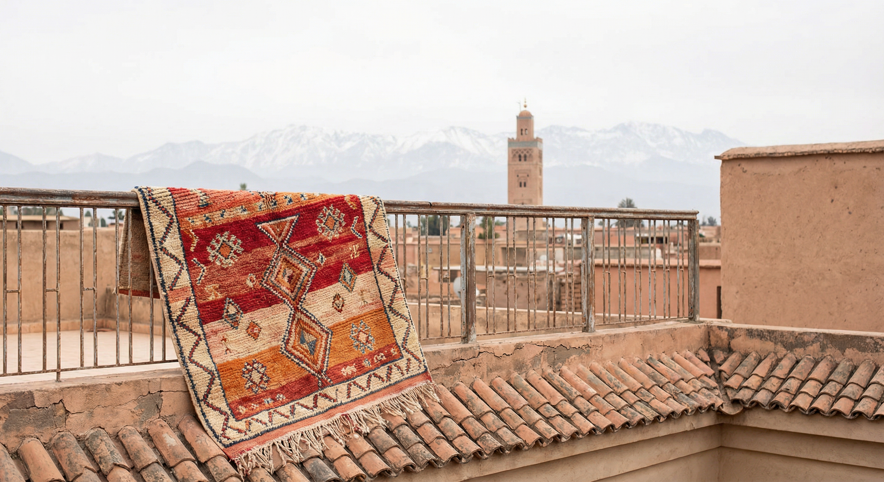 Rug draped on a Marrakech rooftop with Koutoubia Minaret in the distance