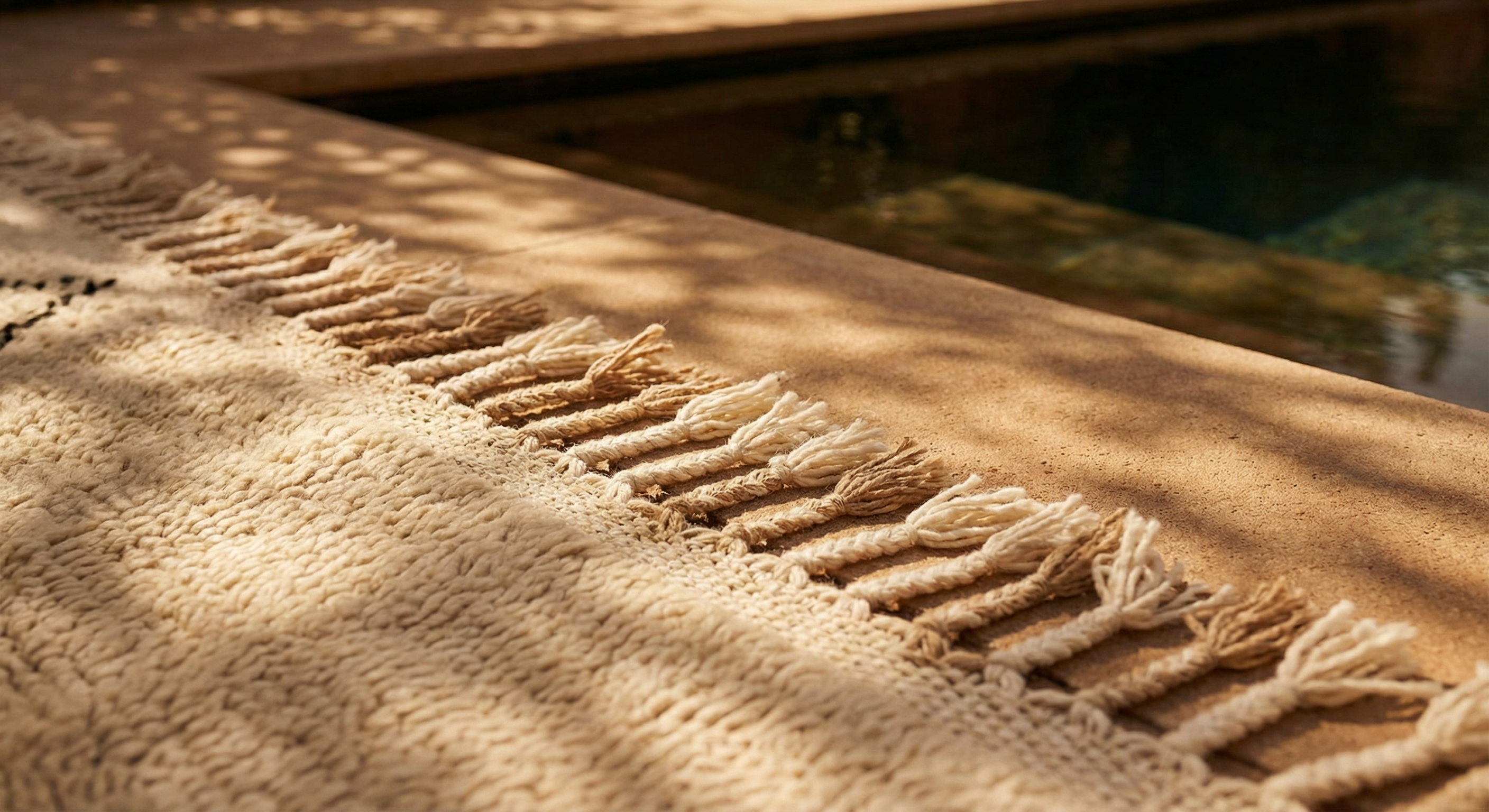 Close-up of Beni Ouarain rug fringe poolside
